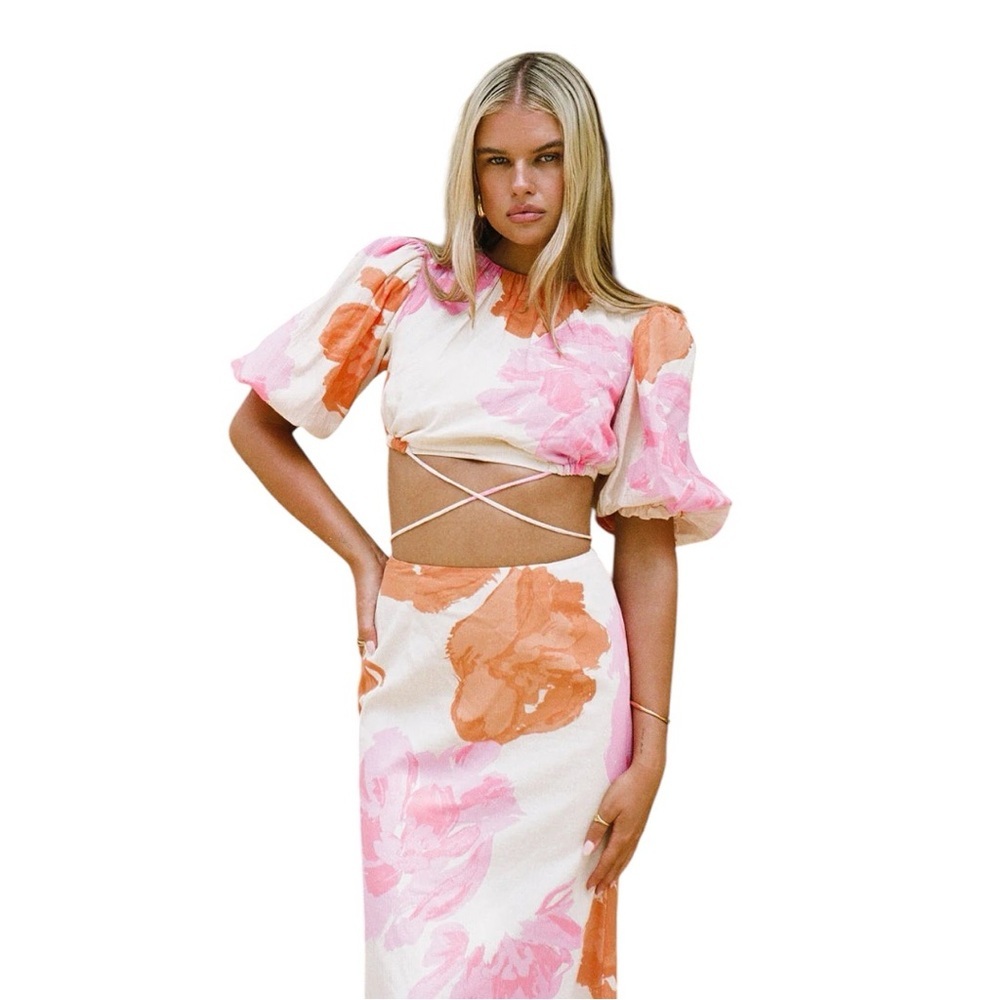 Sabo Bailee Puff Top Solstice Pink Print Crop Bubble‎ Sleeve Medium NWOT